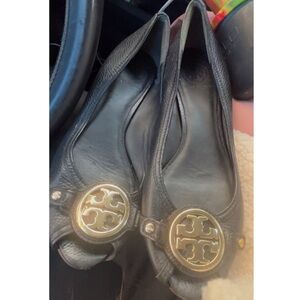 Tory Burch Black Leather Wedges with Gold Emblem size 8.5